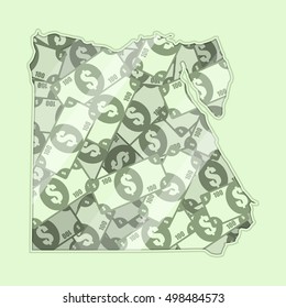 Map Egypt covered in money, bank notes of one hundred dollars. On the map there is glass reflection. Conceptual.