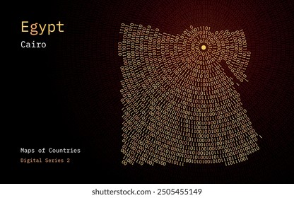 A map of Egypt depicted in zeros and ones in the form of a circle. The capital, Cairo, is shown in the center of the circle	
