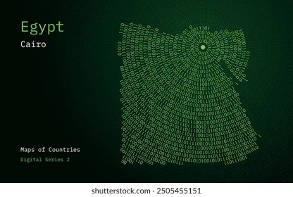 A map of Egypt depicted in zeros and ones in the form of a circle. The capital, Cairo, is shown in the center of the circle	
