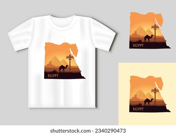 Map of Egypt with the image of a landscape with pyramids, a Sphinx and a camel. Travel concept with t-shirt mockup