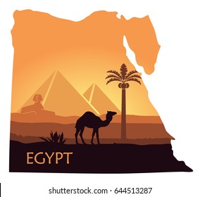 Map of Egypt with the image of a landscape with pyramids, a Sphinx and a camel