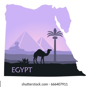 Map of Egypt with the image of a landscape with pyramids, a Sphinx and a camel