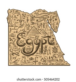 Map of Egypt on papyrus with hieroglyphs, vector