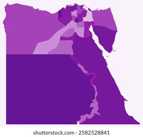 Map of Egypt with regions. Just a simple country border map with region division. Purple color palette. Blank Arab Republic of Egypt shape with administrative division. Vector illustration.