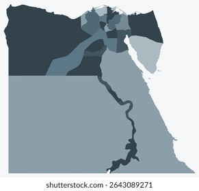 Map of Egypt with regions. Just a simple country border map with region division. Blue grey color palette. Plain Arab Republic of Egypt shape with administrative division. Vector illustration.