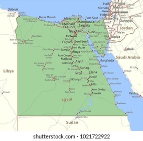 Map of Egypt. Shows country borders, urban areas, place names and roads. Labels in English where possible.
Projection: Mercator.