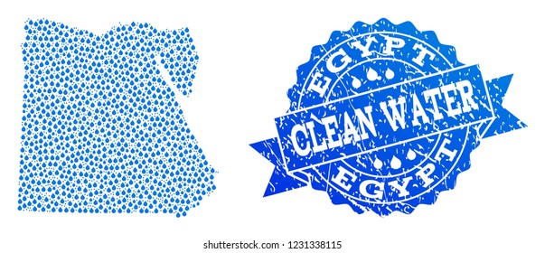 Map of Egypt vector mosaic and clean water grunge stamp. Map of Egypt composed with blue liquid drops. Seal with grunge rubber texture for pure drinking water.