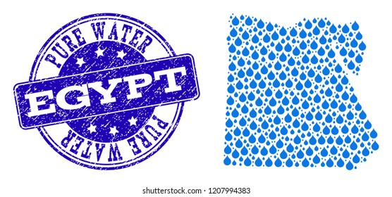 Map of Egypt vector mosaic and Pure Water grunge stamp. Map of Egypt designed with blue water dews. Seal with scratched rubber texture for pure drinking water.