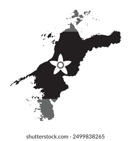 Map of Ehime prefecture with its official flag in white and black colors. Vector illustration