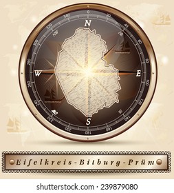 Map of Eifelkreis-Bitburg-Pruem with borders in bronze