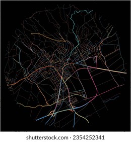 Map of Eisenstadt, Burgenland with all major and minor roads, railways and waterways. Colorful line art on black background.