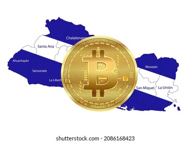 Map of the El Salvador in the colors of the flag with Bitcoin vector