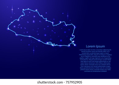 Map El Salvador from the contours network blue, luminous space stars for banner, poster, greeting card, of vector illustration