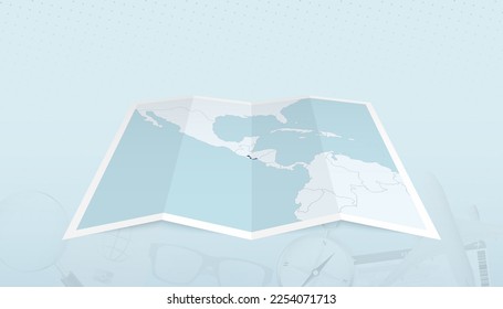 Map of El Salvador with the flag of El Salvador in the contour of the map on a trip abstract backdrop. Travel illustration.