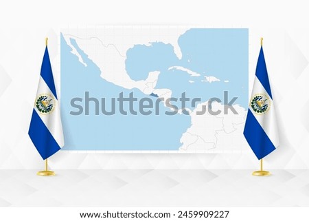 Map of El Salvador and flags of El Salvador on flag stand. Vector illustration for diplomacy meeting.