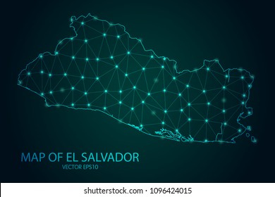 Map of El Salvador - With glowing point and lines scales on The Dark Gradient Background, 3D mesh polygonal network connections. Vector illustration eps10.