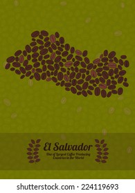 Map of El Salvador made out of coffee beans. Raw green coffee beans background. Coffee beans flyer or leaflet. Republic of El Salvador map poster or card.