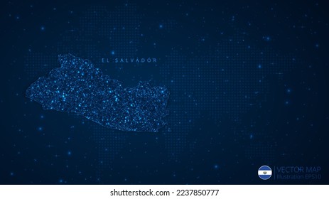 Map of El Salvador modern design with polygonal shapes on dark blue background. Business wireframe mesh spheres from flying debris. Blue structure style vector illustration concept.