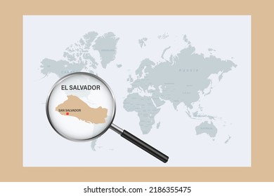 Map of El Salvador on political world map with magnifying glass
