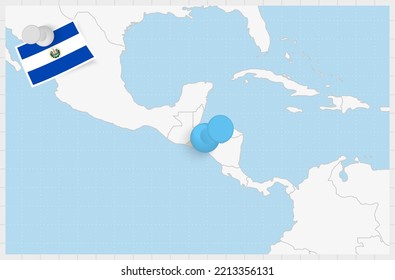 Mapa de El Salvador con un pin azul. Bandera enclavada de El Salvador, ilustración vectorial.