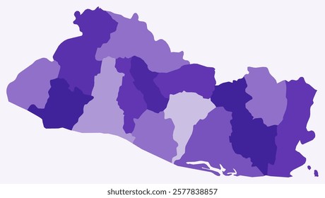 Map of El Salvador with regions. Just a simple country border map with region division. Deep purple color palette. Plain El Salvador shape with administrative division. Vector illustration.