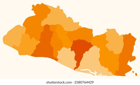 Map of El Salvador with regions. Just a simple country border map with region division. Orange color palette. Plain El Salvador shape with administrative division. Vector illustration.