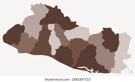 Map of El Salvador with regions. Just a simple country border map with region division. Brown color palette. Plain El Salvador shape with administrative division. Vector illustration.