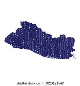 Map of El Salvador with a technological electronics circuit. 