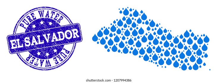Map of El Salvador vector mosaic and Pure Water grunge stamp. Map of El Salvador composed with blue water dews. Seal with grunge rubber texture for natural drinking water.