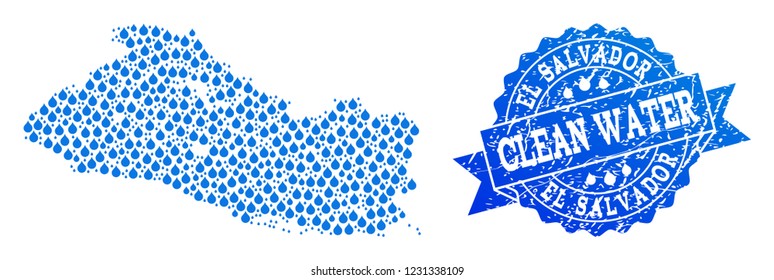 Map of El Salvador vector mosaic and clean water grunge stamp. Map of El Salvador created with blue liquid dews. Seal with grunge rubber texture for clean drinking water.