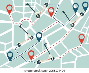Mapa con ubicación de scooter eléctrico para compartir y alquilar ilustraciones vectoriales de aplicación