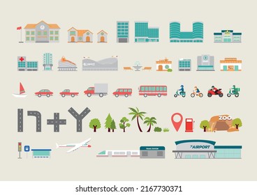 Map element illustration vector icon set including house, tree, building, transportation and infrastructure icons