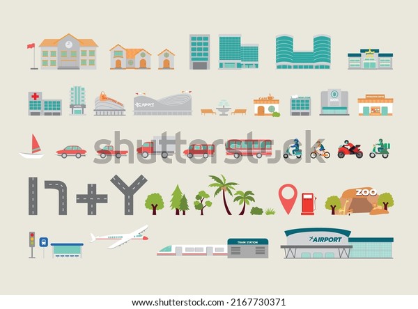 Map\
element illustration vector icon set including house, tree,\
building, transportation and infrastructure\
icons