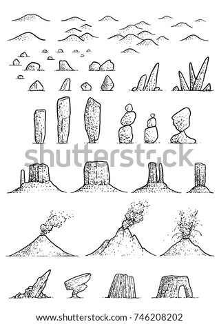 Map elements illustration, drawing, engraving, ink, line art, vector