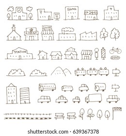 Map elements sketch icon set, house, building, shop, vehicle and more
