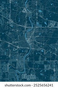 Map of Elgin, a city in Illinois, USA. The map is rendered in a minimalist style with a dark blue background and white lines representing roads and waterways.