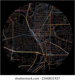 Map of Elgin, Illinois with all major and minor roads, railways and waterways. Colorful line art on black background.
