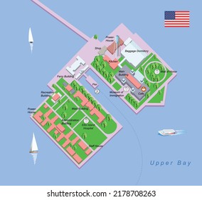 Ilustración vectorial 3d Mapa de Ellis Island en EE.UU.