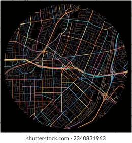 Map of ElMonte, California with all major and minor roads, railways and waterways. Colorful line art on black background.