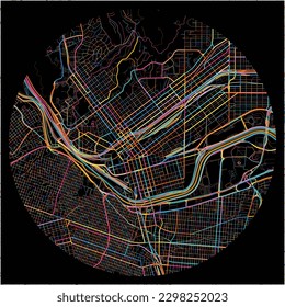 Map of ElPaso, Texas with all major and minor roads, railways and waterways. Colorful line art on black background.