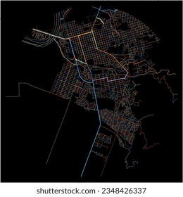 Map of ElProgreso, Yoro with all major and minor roads, railways and waterways. Colorful line art on black background.