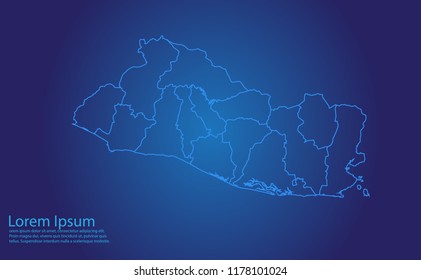 Map of ElSalvador - With glowing point and lines scales on the dark gradient background.elSalvador map with country borders, thin Blue outline on Dark background.
