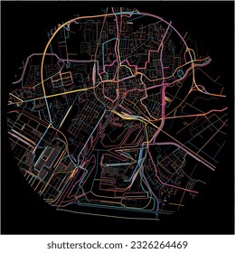 Map of Emden, Lower Saxony with all major and minor roads, railways and waterways. Colorful line art on black background.