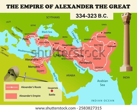 Map of the empire of Alexander the Great. Routes and battles. Vector education illustration