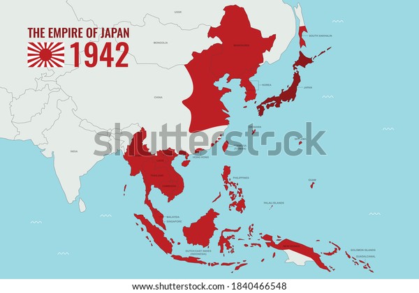 Map of Empire of Japan/Japanese Empire during WWII in 1942, showing countries within Asia, hand drawn vector map