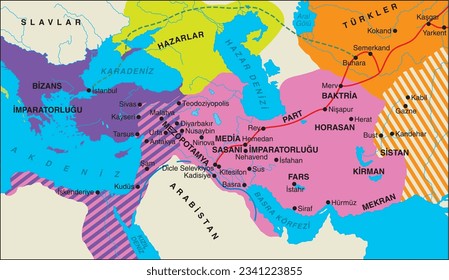 Map of Empires Established in Anatolia, Caspian, Byzantine, Sassanid, Turks, Slavs