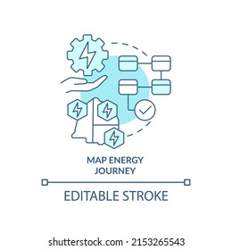 Icono de concepto turquesa para el viaje de energía. Camino a la estrategia energética abstracta idea de la ilustración de línea delgada. Visualización. Dibujo de contorno aislado. Trazo editable. Fuentes Arial, Myriad Pro-Bold utilizadas