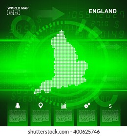 Map Of England, Abstract Green background, pixel vector illustration