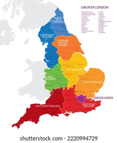 Map of the England with administrative divisions of the country into regions, detailed vector illustration