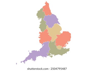 Map of England by region in different colors. Vector illustration.